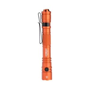 Orange ACEBEAM TAC 2AA flashlight shown upright with a black pocket clip on white.