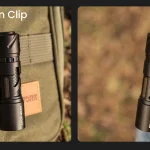 LOOP GEAR SK03 RGB flashlight clipped to backpack webbing and a jeans pocket