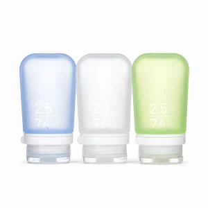 humangear GoToob+ three-pack 2.5 fl oz / 74 mL, pale blue left, clear frosted white center, pale lime green right