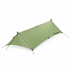 Green Sea to Summit Minimalist Tarp pitched with its guy lines and attachment points on white.