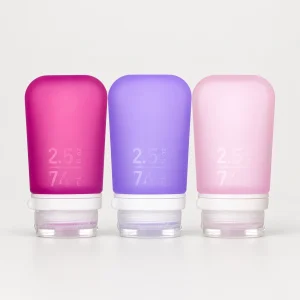 humangear GoToob+ three-pack 2.5 fl oz / 74 mL, deep magenta left, lilac center, pale rose pink right
