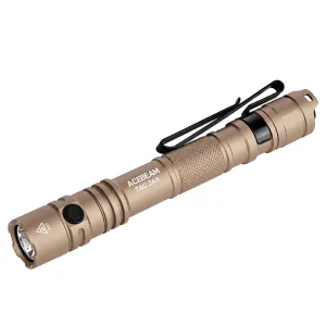 Desert tan ACEBEAM TAC 2AA flashlight shown diagonally with a black pocket clip on white.