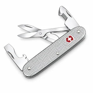 Victorinox Companion Slim Alox multi tool in silver with scissors and openers extended on a white background