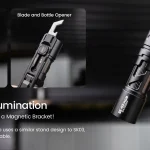 LOOP GEAR SK03 RGB magnetic bracket shown pivoting and holding the flashlight on metal