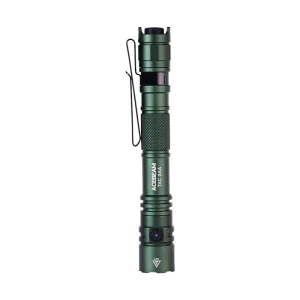 Dark green ACEBEAM TAC 2AA flashlight shown upright with a black pocket clip on white.