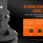 Close-up of the ACEBEAM P20 stainless steel side switch and status light.