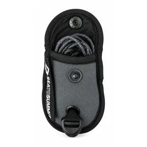 Sea to Summit Lite Line clothesline coiled inside its open black and grey carry pouch on white.