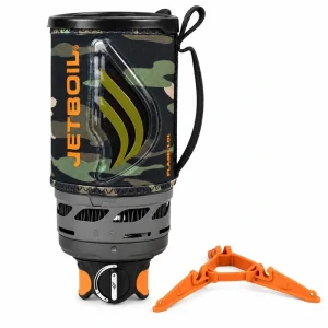 Jetboil Flash 1.0L Dark Camo cooking system with orange fuel canister stabilizer on a white background