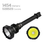 Black ACEBEAM P20 flashlight with a close-up of its yellow LED reflector.
