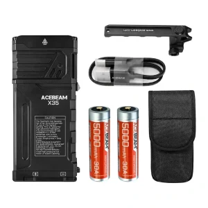 ACEBEAM X35 flashlight with detachable handle, cable, two batteries and pouch on a white background.