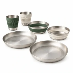 Sea to Summit Detour Collapsible Dinnerware Set six-piece: exactly TWO plain broad shallow stainless-steel plates, exactly TWO smaller collapsible bowls with stainless rims/bases and low silicone middle folds (one sage green, one ivory cream), exactly TWO tall collapsible ribbed cups with stainless rims/bases (one sage green, one ivory cream).