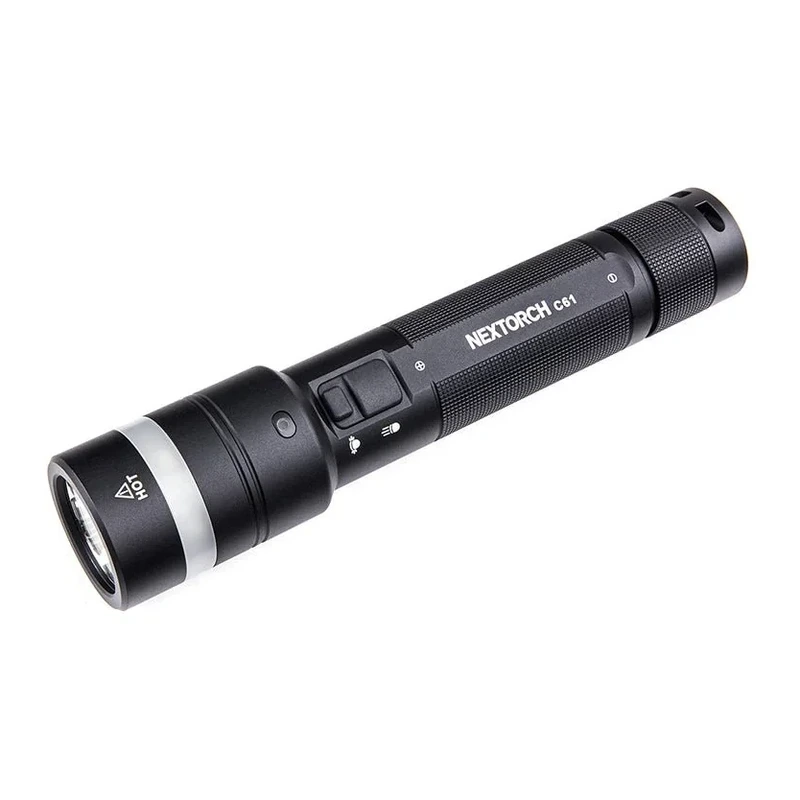 Black NEXTORCH C61 flashlight with a silver bezel and a textured grip on white.
