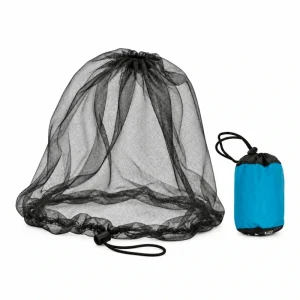 Black Sea to Summit mosquito head net with a drawcord beside its blue storage sack on white.