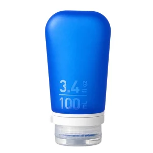 humangear GoToob+ Dark Blue 3.4 Ounces silicone travel bottle on white background