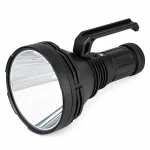 Black Acebeam K75 search flashlight with a large reflector and carry handle on a white background.