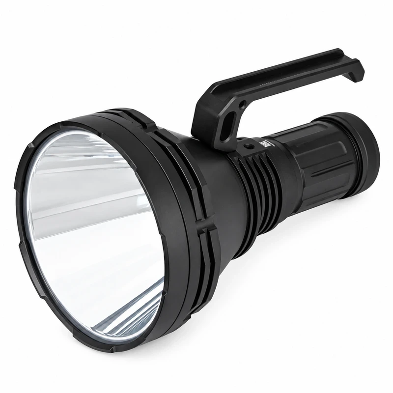 Black Acebeam K75 search flashlight with a large reflector and carry handle on a white background.