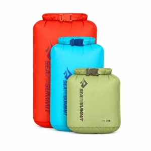 Sea to Summit Ultra-Sil dry bag set with red blue and tarragon bags on white background
