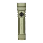Olive green Olight Seeker Ultra flashlight with a black rotary side switch on white.