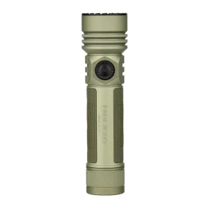 Olive green Olight Seeker Ultra flashlight with a black rotary side switch on white.