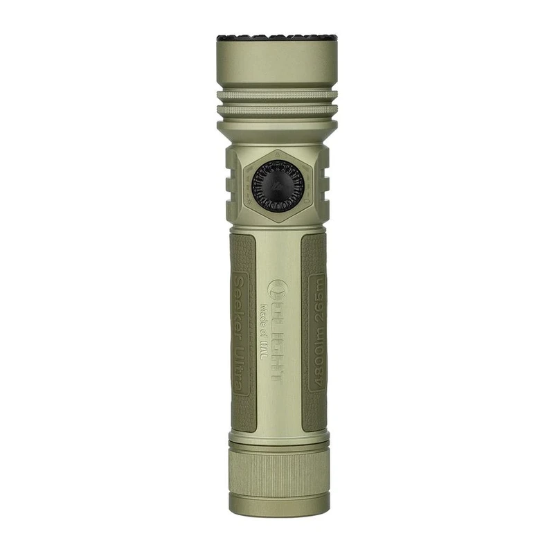 Olive green Olight Seeker Ultra flashlight with a black rotary side switch on white.