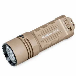 Tan Acebeam X20-R flashlight with a black scalloped bezel, side controls and grooved body shown diagonally on white.