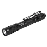 Black ACEBEAM TAC 2AA flashlight shown diagonally with a pocket clip on white.
