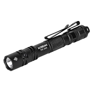 Black ACEBEAM TAC 2AA flashlight shown diagonally with a pocket clip on white.