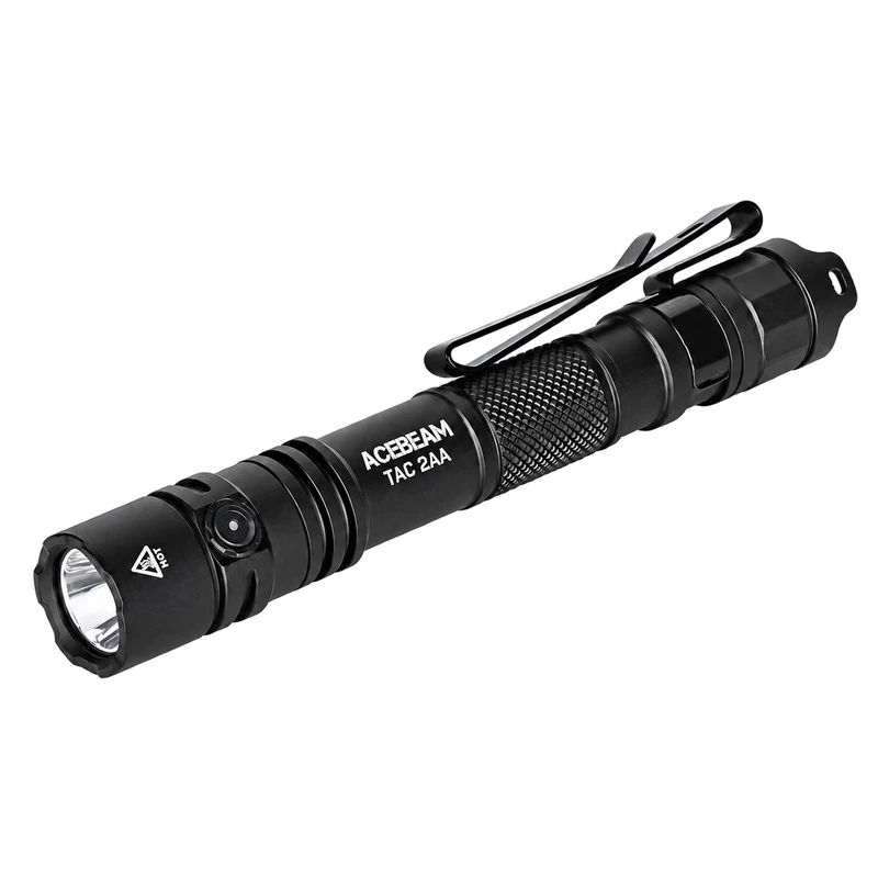 Black ACEBEAM TAC 2AA flashlight shown diagonally with a pocket clip on white.