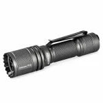 Graphite-gray Acebeam Defender P16 flashlight with a black pocket clip on a white background.