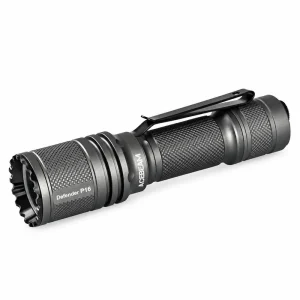 Graphite-gray Acebeam Defender P16 flashlight with a black pocket clip on a white background.