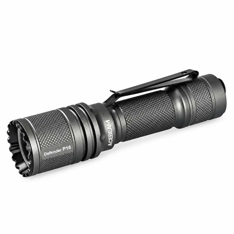 Graphite-gray Acebeam Defender P16 flashlight with a black pocket clip on a white background.