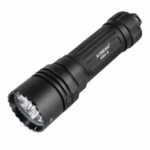 Black Acebeam X20-R flashlight with a scalloped bezel, multiple reflectors and grooved body shown diagonally on white.