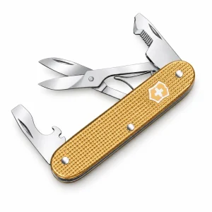 Victorinox Companion Slim Alox multi tool in gold with scissors and openers extended on a white background