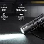 LOOP GEAR SK03 RGB flashlight shining a white beam beside its feature icons