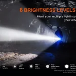 ACEBEAM P20 brightness levels and strobe illustrated with a nighttime beam.