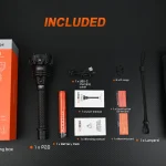 ACEBEAM P20 package contents with flashlight, pouch, battery and accessories.