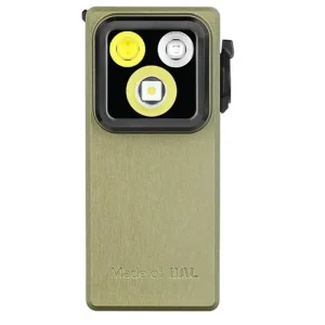 Olive green Olight Oclip Ultra clip-on light shown from the front on white.