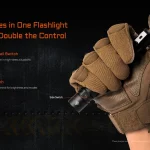 ACEBEAM TAC 2AA tail and side switch controls shown with a gloved grip.