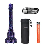 Purple-and-blue patterned ACEBEAM P20 with pouch, battery and charging cable.