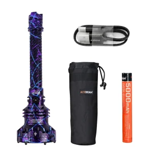 Purple-and-blue patterned ACEBEAM P20 with pouch, battery and charging cable.