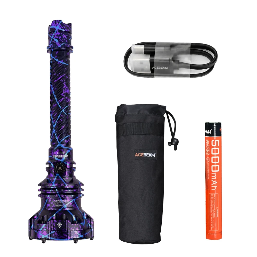 Purple-and-blue patterned ACEBEAM P20 with pouch, battery and charging cable.