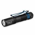Black Acebeam Pokelit AA flashlight with a blue pocket clip on a white background.