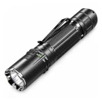 Black Klarus XT2CR Pro tactical flashlight with pocket clip and crenellated bezel on a white background.