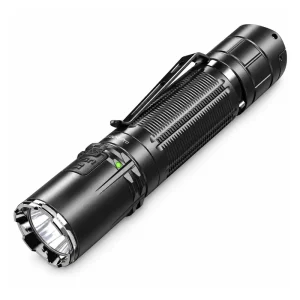 Black Klarus XT2CR Pro tactical flashlight with pocket clip and crenellated bezel on a white background.
