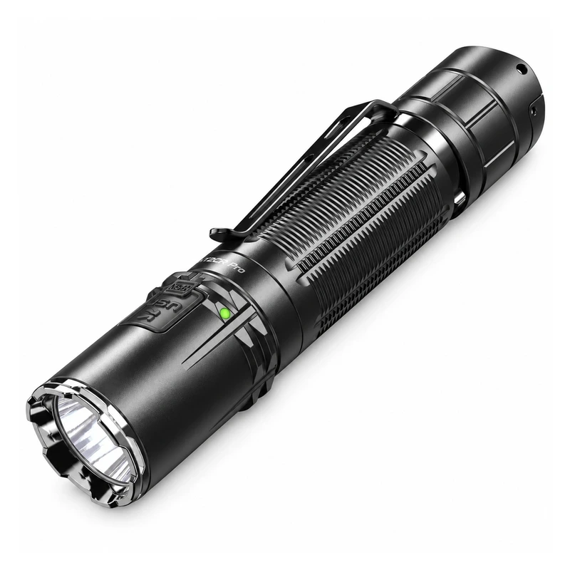 Black Klarus XT2CR Pro tactical flashlight with pocket clip and crenellated bezel on a white background.