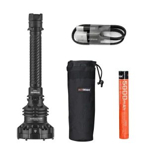 Black ACEBEAM P20 with drawstring pouch, orange battery and USB cable.