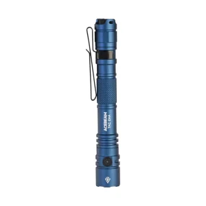 Blue ACEBEAM TAC 2AA flashlight shown upright with a black pocket clip on white.
