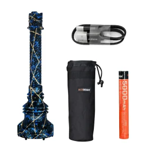Blue-and-gold patterned ACEBEAM P20 with pouch, battery and USB cable.