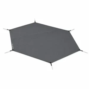 Grey Sea to Summit Ikos tent footprint spread flat with its corner attachment loops on white.