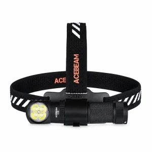 Black Acebeam H18 headlamp shown from the front with its patterned elastic headband on a white background.